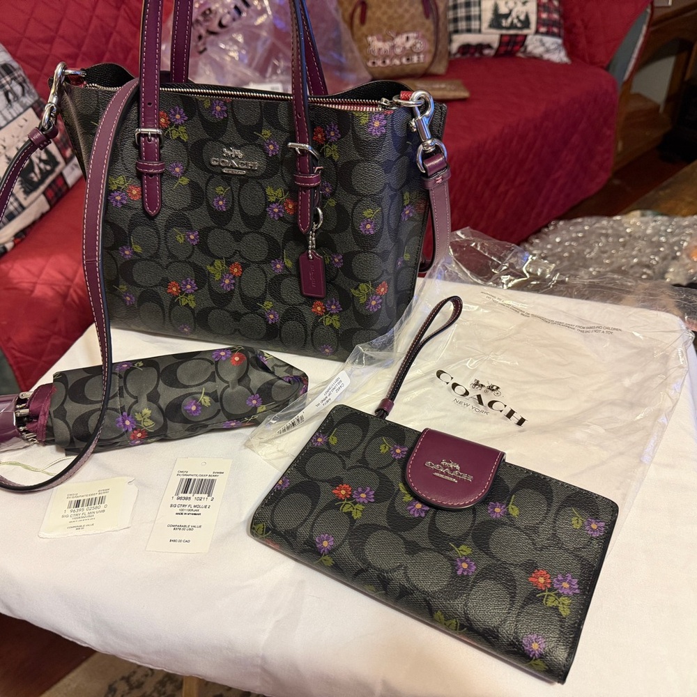 Coach Women's Satchel Set - Black and Purple Floral